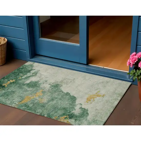 Emerald Sage And Ivory Abstract Washable Indoor Outdoor Area Rug Photo 2