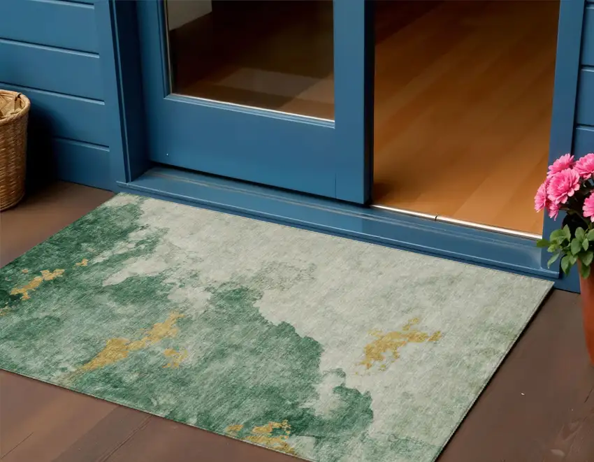 Emerald Sage And Ivory Abstract Washable Indoor Outdoor Area Rug Photo 2