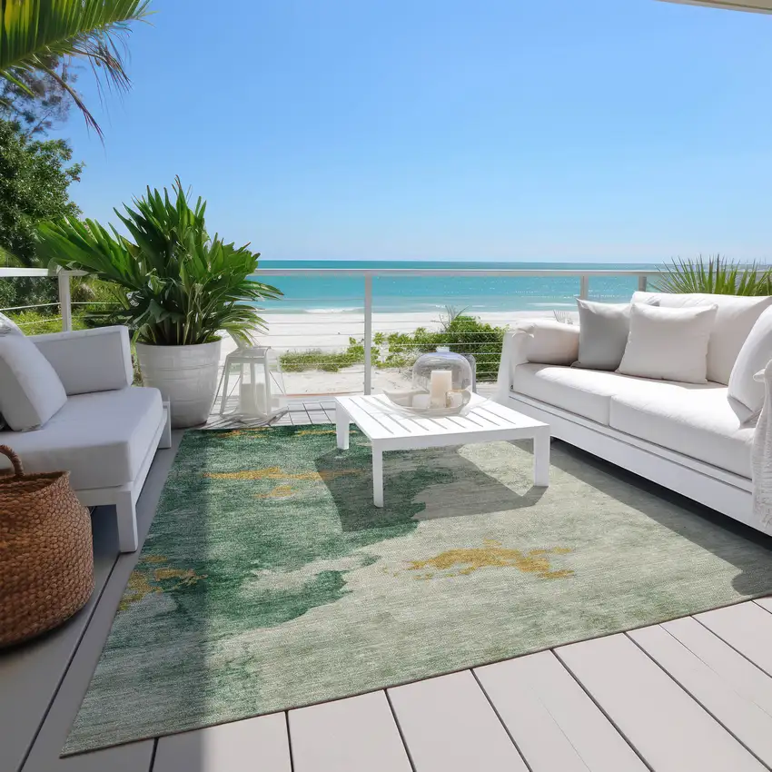 Emerald Sage And Ivory Abstract Washable Indoor Outdoor Area Rug Photo 8