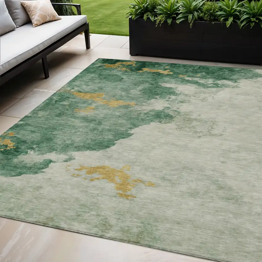 Emerald Sage And Ivory Abstract Washable Indoor Outdoor Area Rug Photo 2