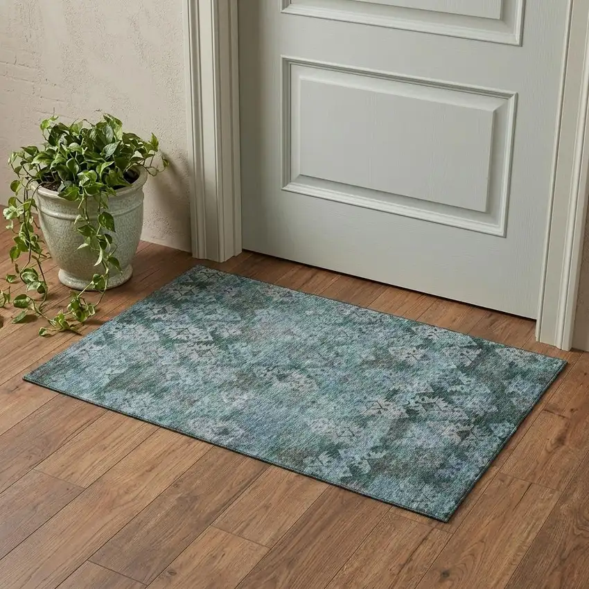 Emerald Teal And Gray Ikat Washable Area Rug With UV Protection Photo 1