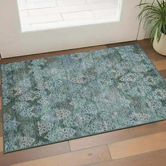 Emerald Teal And Gray Ikat Washable Area Rug With UV Protection Photo 2