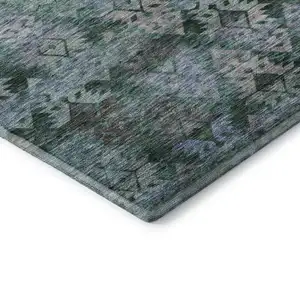 Photo of Emerald Teal And Gray Ikat Washable Area Rug With UV Protection