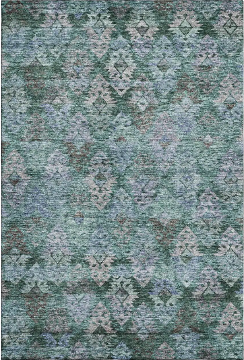 Emerald Teal And Gray Ikat Washable Area Rug With UV Protection Photo 1