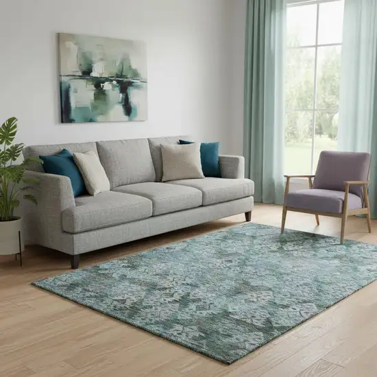 Emerald Teal And Gray Ikat Washable Area Rug With UV Protection Photo 2