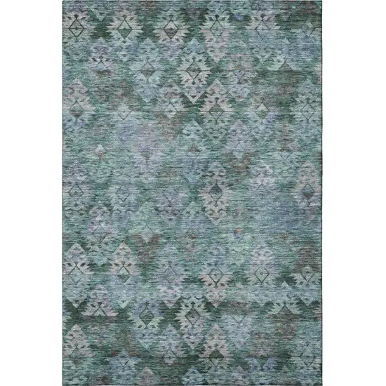 Emerald Teal And Gray Ikat Washable Area Rug With UV Protection Photo 3