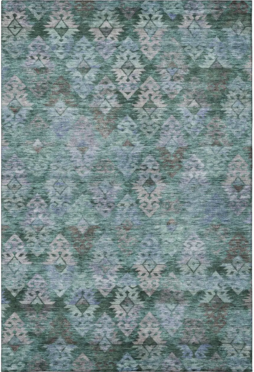 Emerald Teal And Gray Ikat Washable Area Rug With UV Protection Photo 3