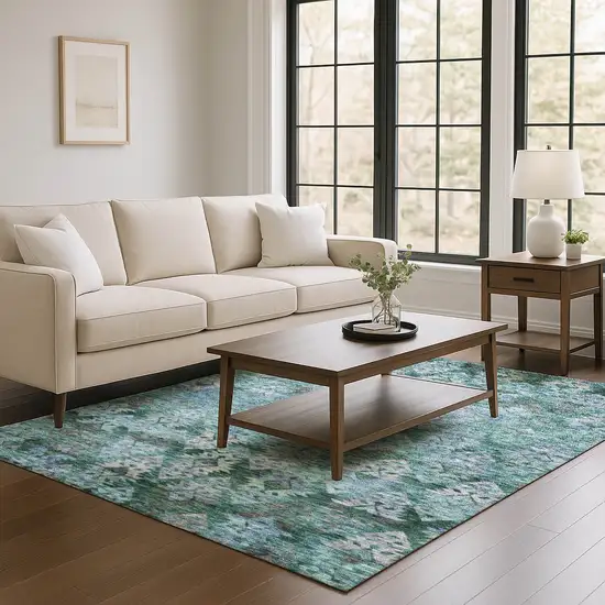 Emerald Teal And Gray Ikat Washable Area Rug With UV Protection Photo 4