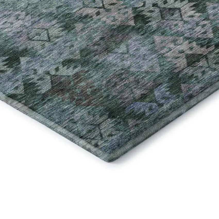 Emerald Teal And Gray Ikat Washable Area Rug With UV Protection Photo 7
