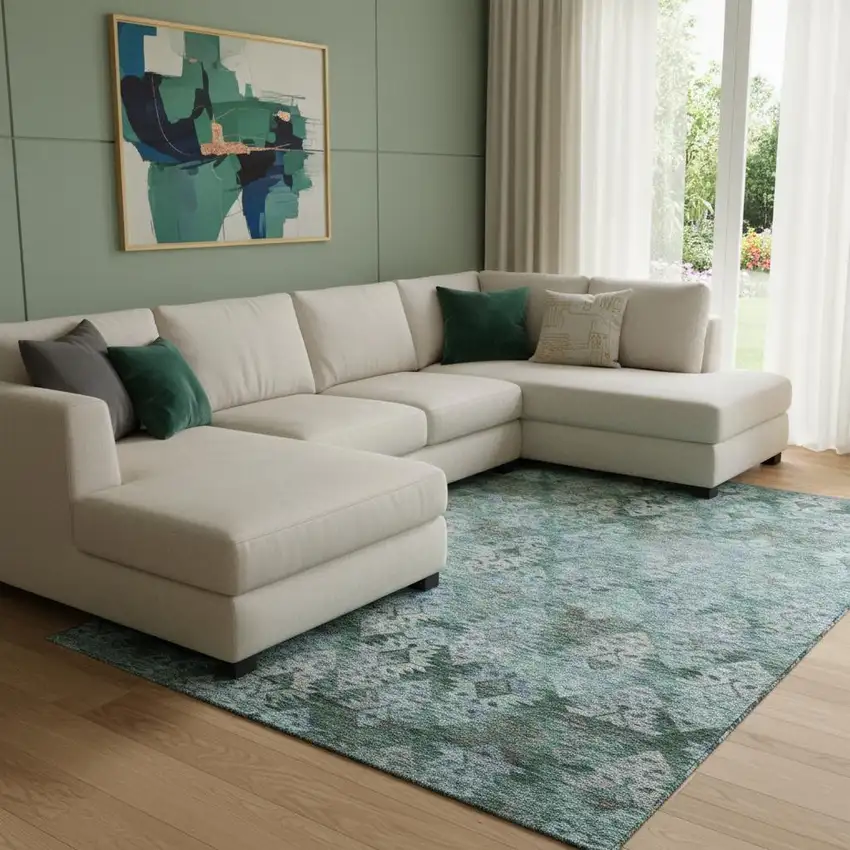 Emerald Teal And Gray Ikat Washable Area Rug With UV Protection Photo 2