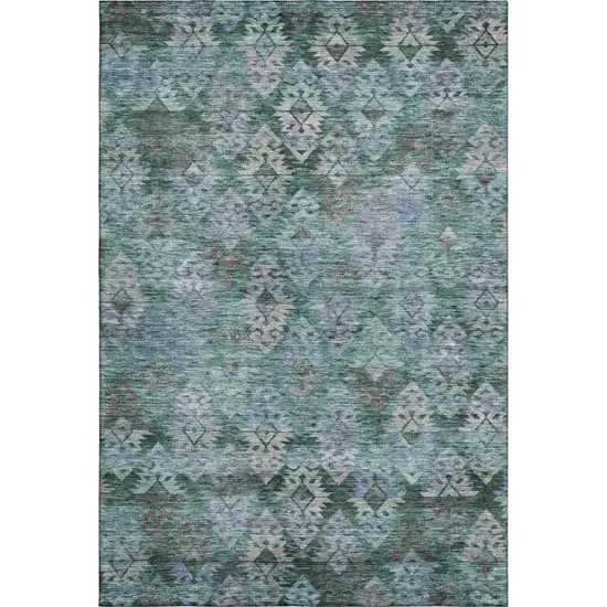 Emerald Teal And Gray Ikat Washable Area Rug With UV Protection Photo 1