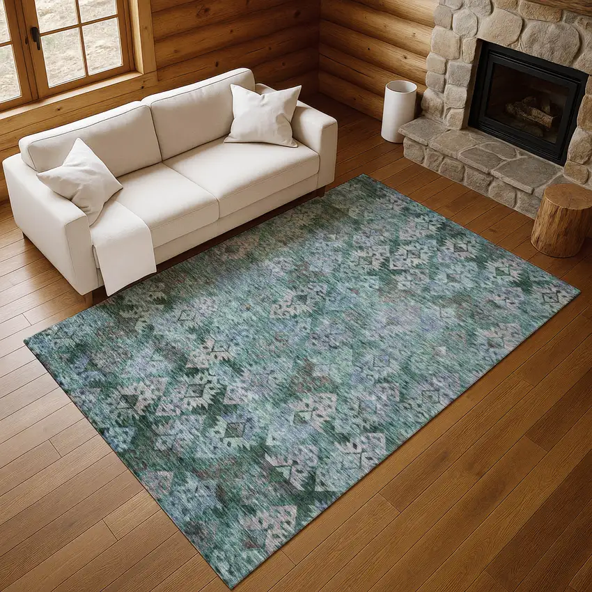 Emerald Teal And Gray Ikat Washable Area Rug With UV Protection Photo 5