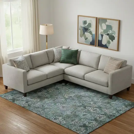 Emerald Teal And Gray Ikat Washable Area Rug With UV Protection Photo 2