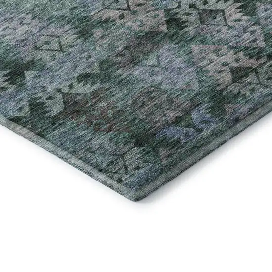 Emerald Teal And Gray Ikat Washable Area Rug With UV Protection Photo 7