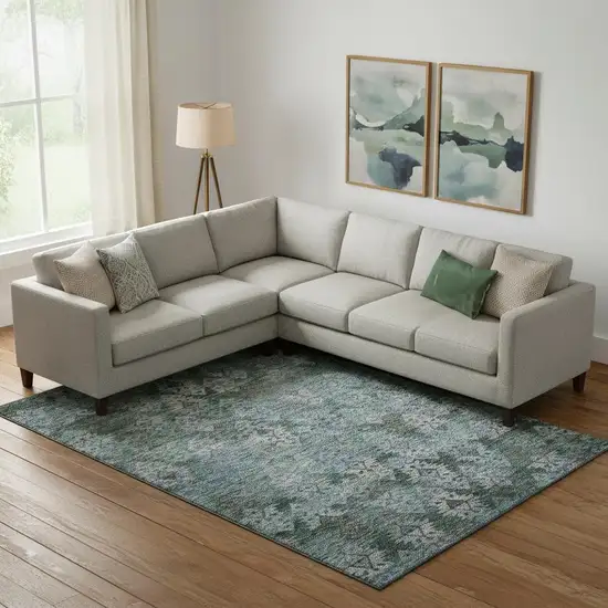 Emerald Teal And Gray Ikat Washable Area Rug With UV Protection Photo 2