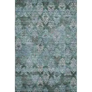 Photo of Emerald Teal And Gray Ikat Washable Area Rug With UV Protection
