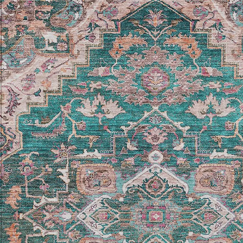 Emerald Teal Blue And Beige Oriental Washable Indoor Outdoor Area Rug Photo 6