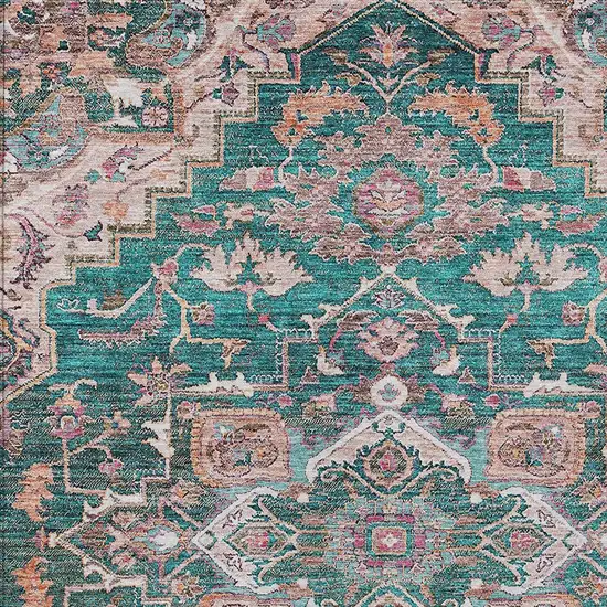 Emerald Teal Blue And Beige Oriental Washable Indoor Outdoor Area Rug Photo 6