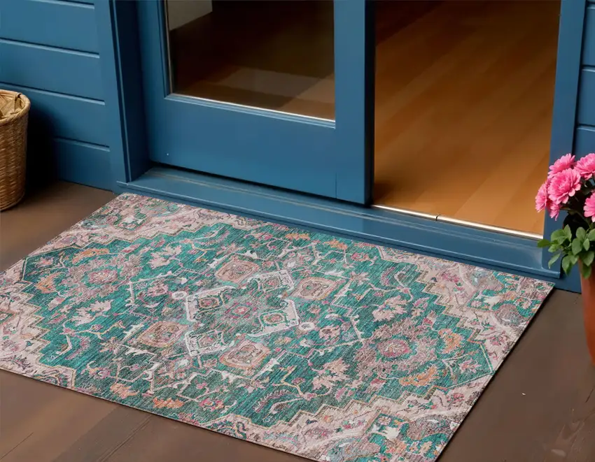 Emerald Teal Blue And Beige Oriental Washable Indoor Outdoor Area Rug Photo 1