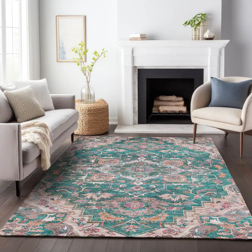 Emerald Teal Blue And Beige Oriental Washable Indoor Outdoor Area Rug Photo 9