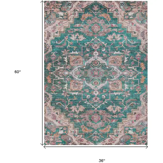 Emerald Teal Blue And Beige Oriental Washable Indoor Outdoor Area Rug Photo 8