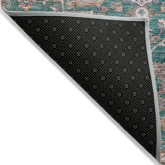 Emerald Teal Blue And Beige Oriental Washable Indoor Outdoor Area Rug Photo 4