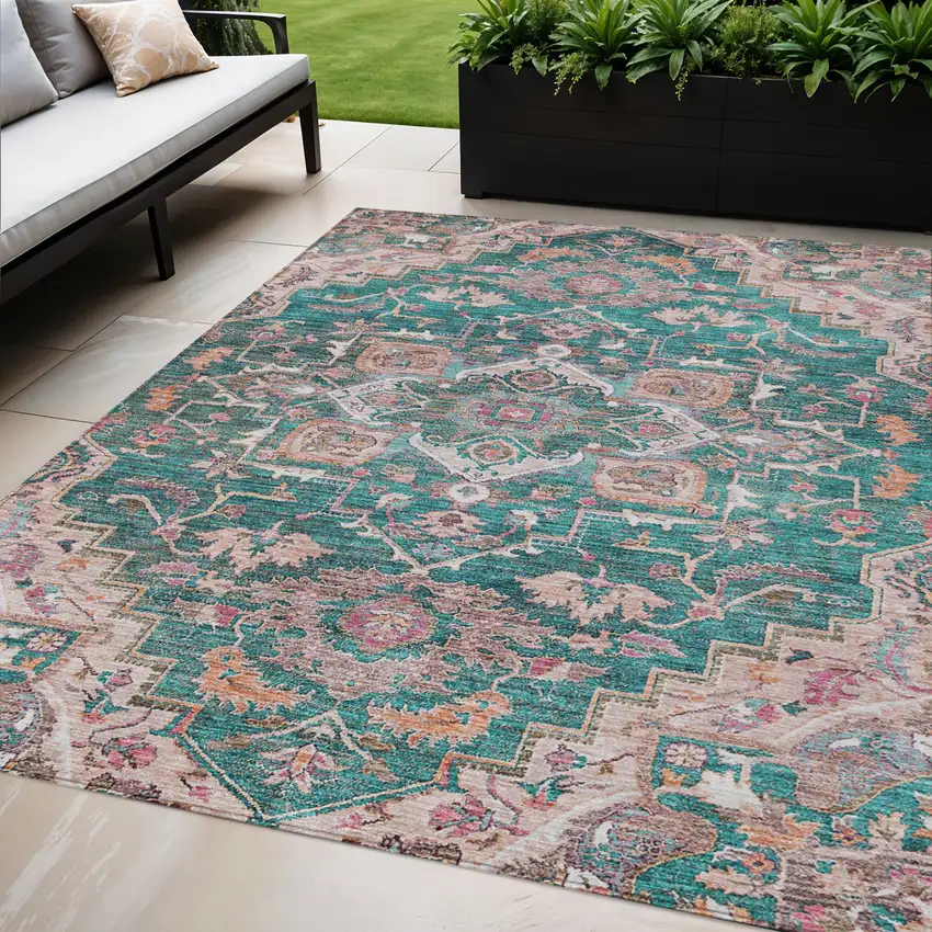 Emerald Teal Blue And Beige Oriental Washable Indoor Outdoor Area Rug Photo 1