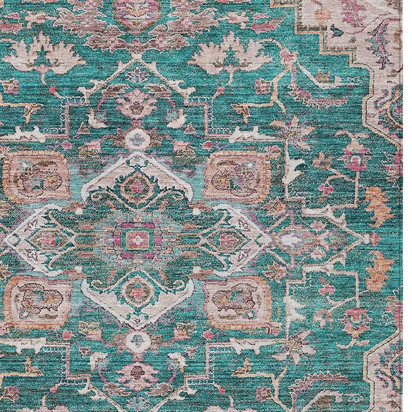 Emerald Teal Blue And Beige Oriental Washable Indoor Outdoor Area Rug Photo 7