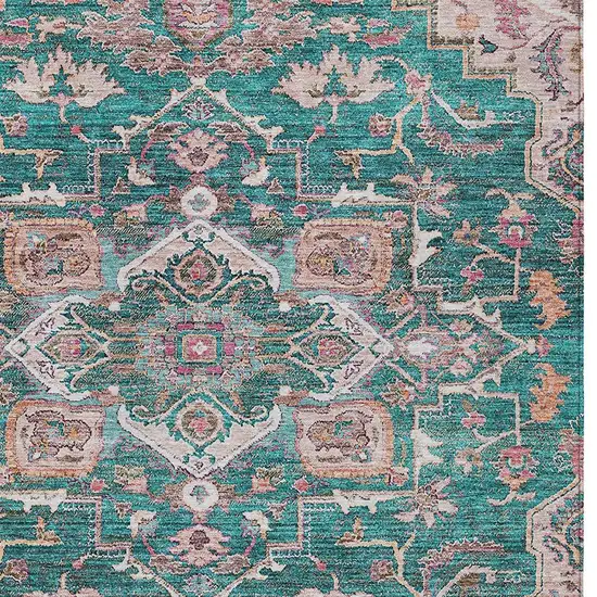 Emerald Teal Blue And Beige Oriental Washable Indoor Outdoor Area Rug Photo 7