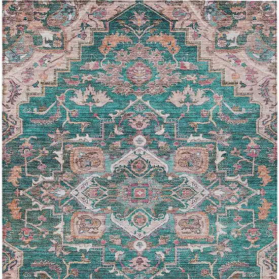 Emerald Teal Blue And Beige Oriental Washable Indoor Outdoor Area Rug Photo 8