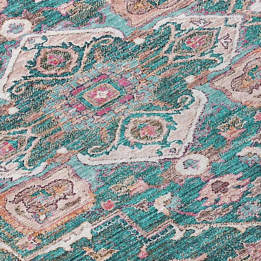 Emerald Teal Blue And Beige Oriental Washable Indoor Outdoor Area Rug Photo 6