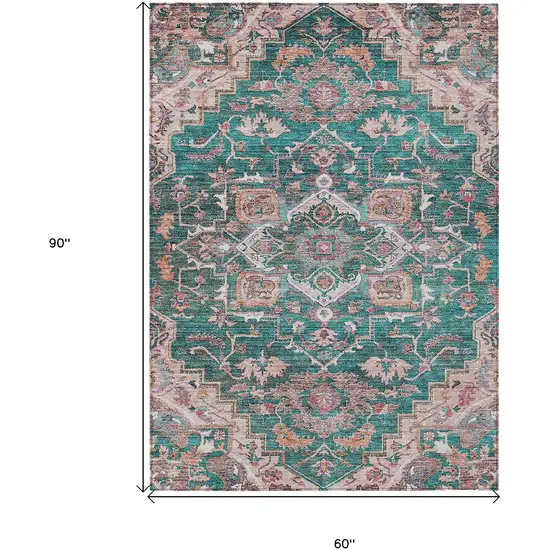 Emerald Teal Blue And Beige Oriental Washable Indoor Outdoor Area Rug Photo 3