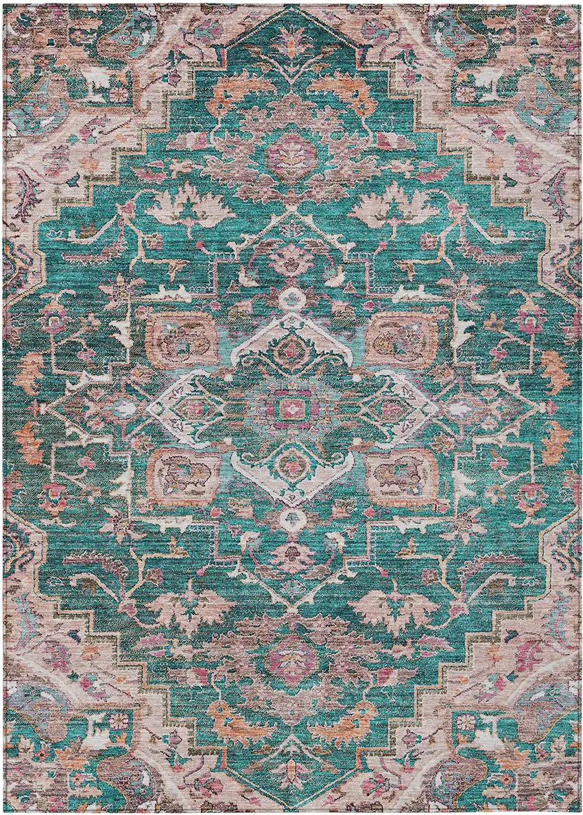 Emerald Teal Blue And Beige Oriental Washable Indoor Outdoor Area Rug Photo 2