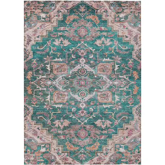 Emerald Teal Blue And Beige Oriental Washable Indoor Outdoor Area Rug Photo 2