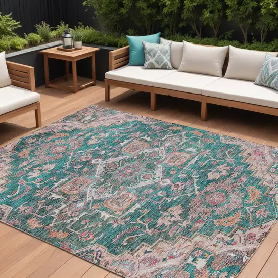 Emerald Teal Blue And Beige Oriental Washable Indoor Outdoor Area Rug Photo 1