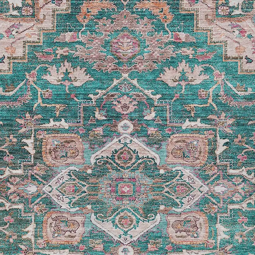 Emerald Teal Blue And Beige Oriental Washable Indoor Outdoor Area Rug Photo 7