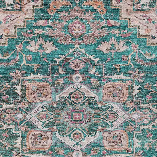 Emerald Teal Blue And Beige Oriental Washable Indoor Outdoor Area Rug Photo 7