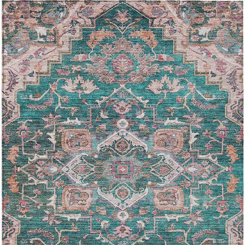 Emerald Teal Blue And Beige Oriental Washable Indoor Outdoor Area Rug Photo 8