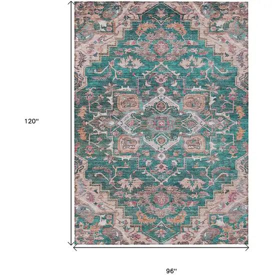 Emerald Teal Blue And Beige Oriental Washable Indoor Outdoor Area Rug Photo 3