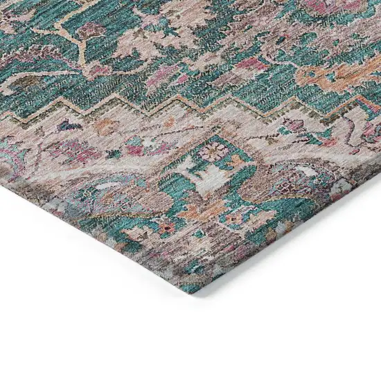 Emerald Teal Blue And Beige Oriental Washable Indoor Outdoor Area Rug Photo 5