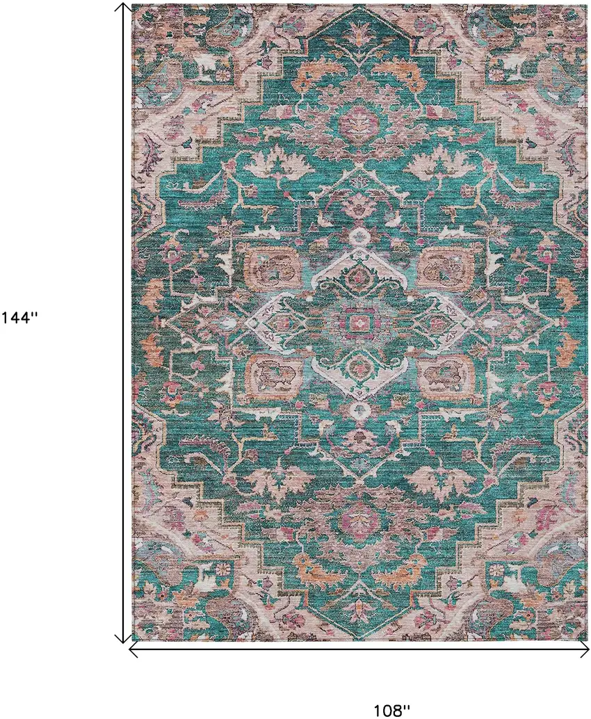 Emerald Teal Blue And Beige Oriental Washable Indoor Outdoor Area Rug Photo 3
