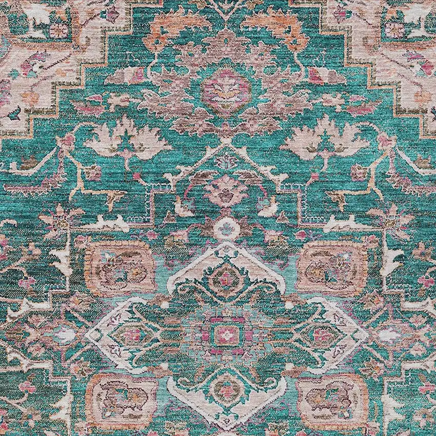 Emerald Teal Blue And Beige Oriental Washable Indoor Outdoor Area Rug Photo 7