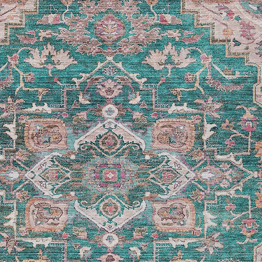 Emerald Teal Blue And Beige Oriental Washable Indoor Outdoor Area Rug Photo 7