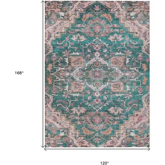 Emerald Teal Blue And Beige Oriental Washable Indoor Outdoor Area Rug Photo 3