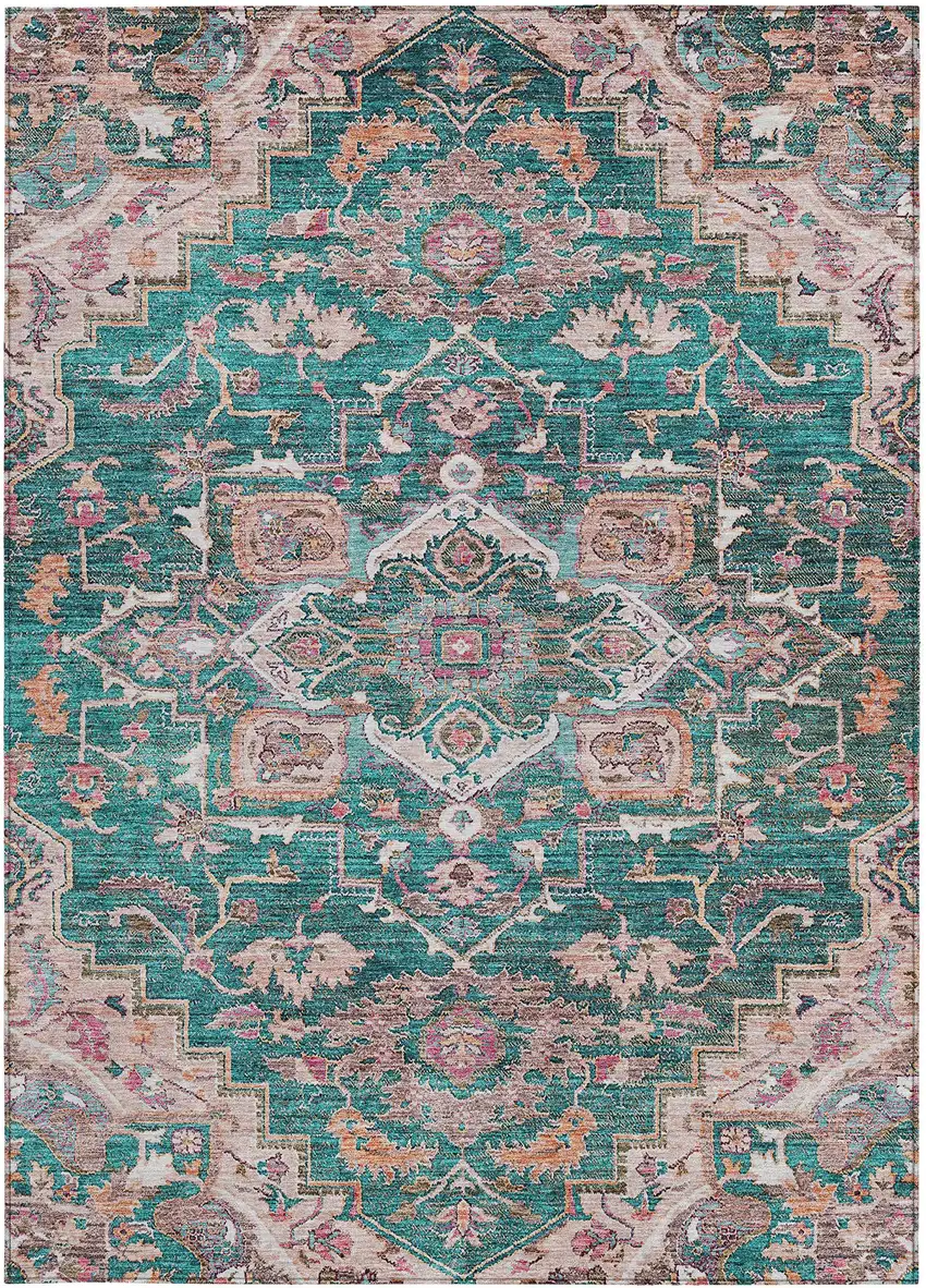 Emerald Teal Blue And Beige Oriental Washable Indoor Outdoor Area Rug Photo 8