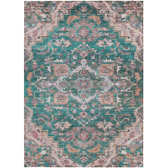 Emerald Teal Blue And Beige Oriental Washable Indoor Outdoor Area Rug Photo 8