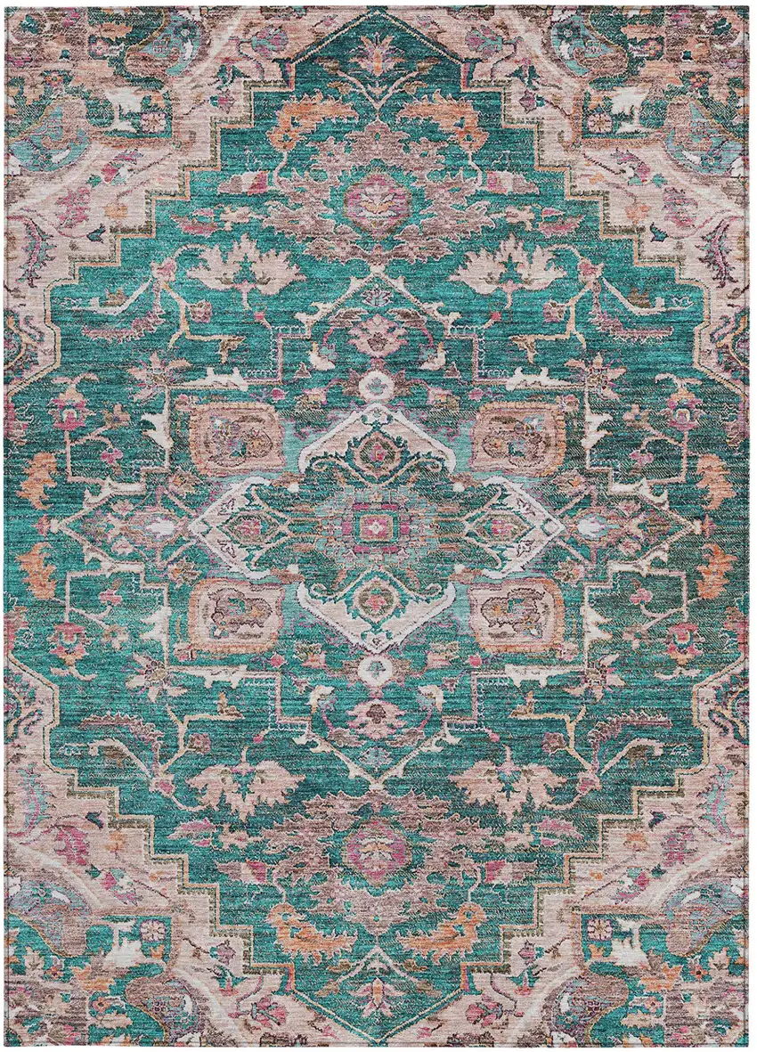 Emerald Teal Blue And Beige Oriental Washable Indoor Outdoor Area Rug Photo 8