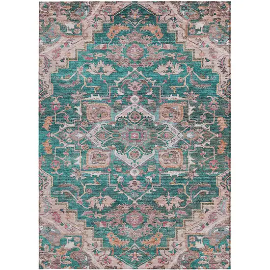 Emerald Teal Blue And Beige Oriental Washable Indoor Outdoor Area Rug Photo 8