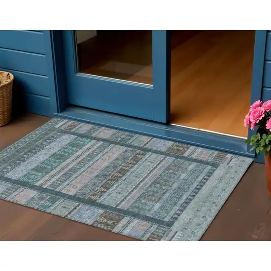 Emerald Teal Blue And Beige Striped Washable Indoor Outdoor Area Rug Photo 2