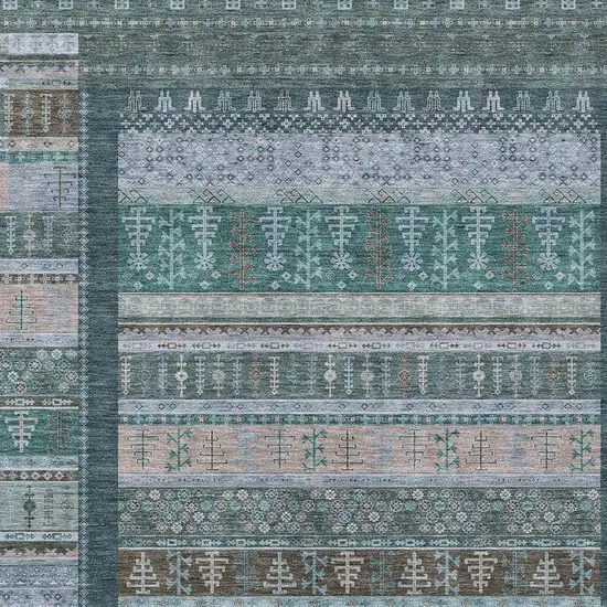 Emerald Teal Blue And Beige Striped Washable Indoor Outdoor Area Rug Photo 6